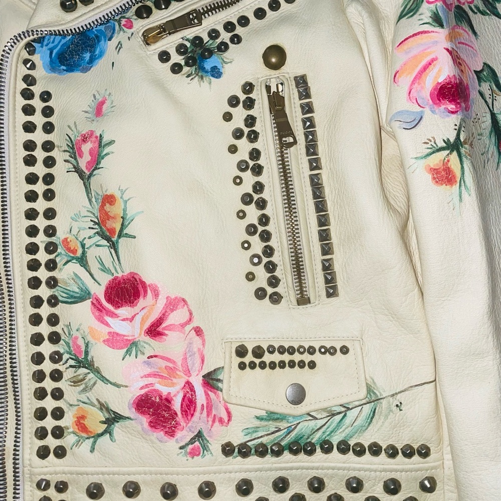 Gucci Mens Exclusive White Hand painted Floral Studded Leather Jacket - Picture 6 of 10
